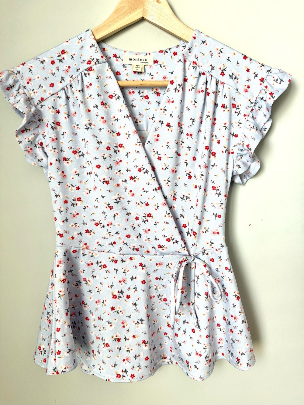 Monteau Light Blue Micro Floral Faux Wrap Peplum Flutter Sleeve Top